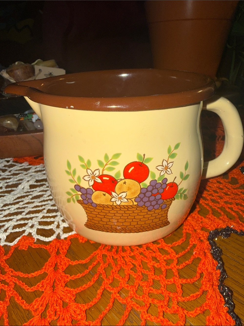 Vintage 1986 FTDA Fruit Basket Pitcher Cream Enamelware Country Kitchen